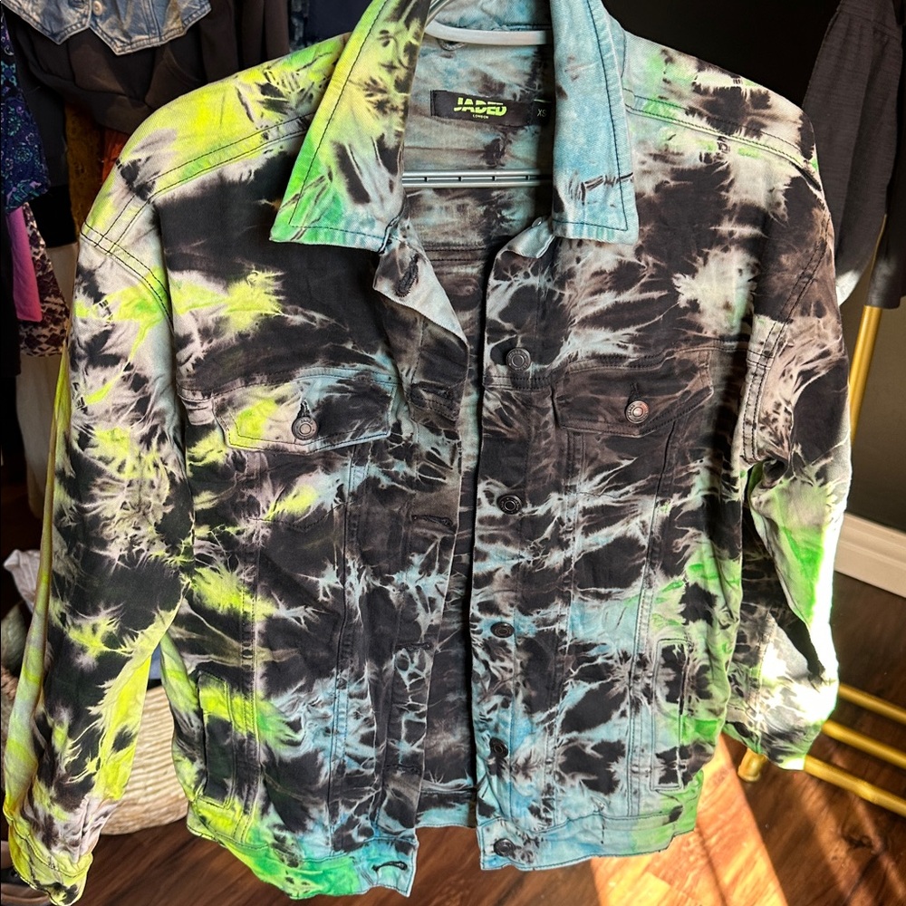 Jaded London Black Tie-Dye Denim Jacket with Neon Green & Aqua Accents